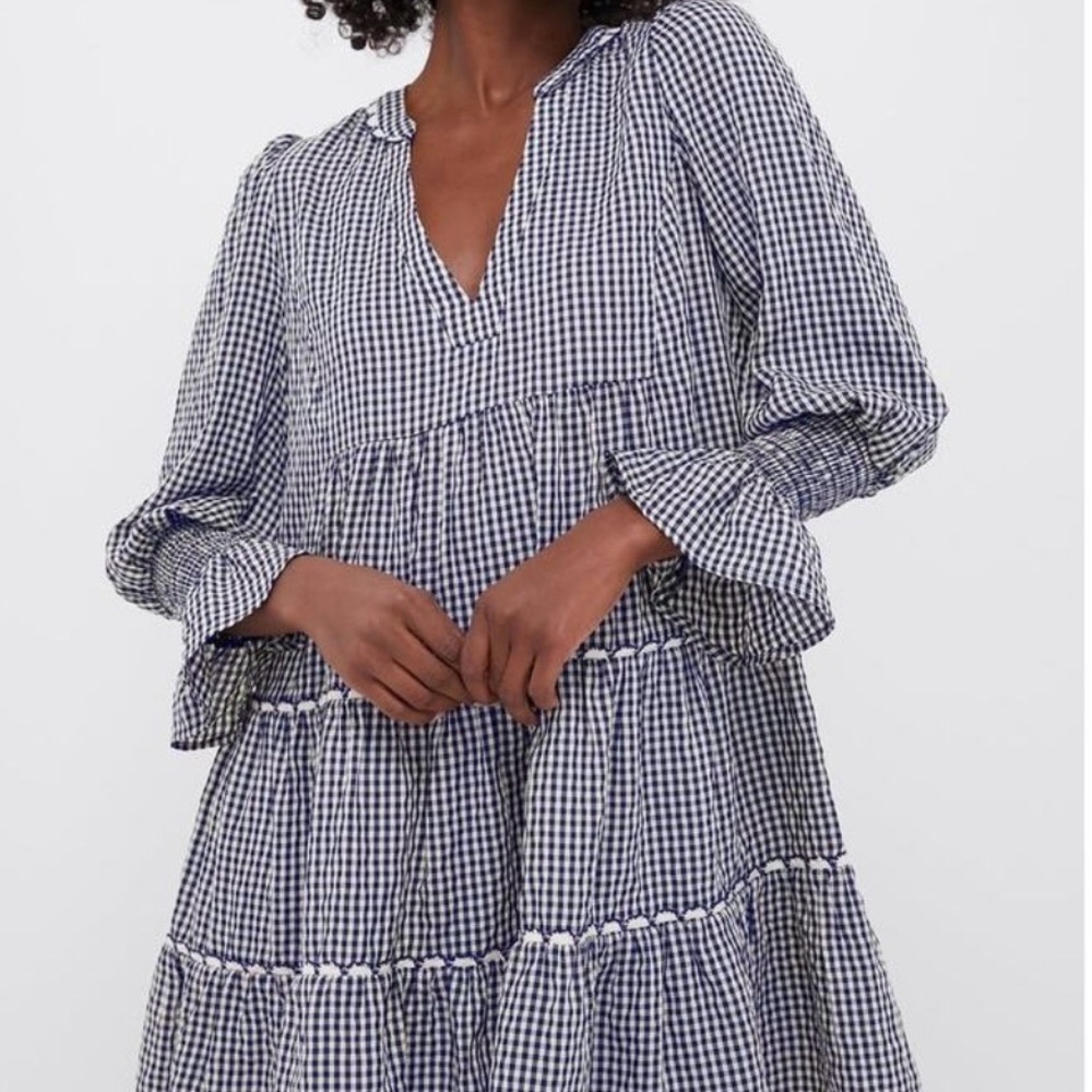 Pomander Place Navy and White Gingham Tiered Long Sleeve Dress